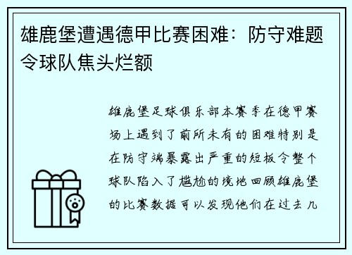 雄鹿堡遭遇德甲比赛困难：防守难题令球队焦头烂额