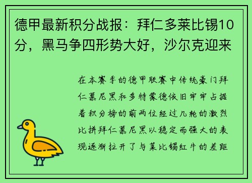 德甲最新积分战报：拜仁多莱比锡10分，黑马争四形势大好，沙尔克迎来关键时刻